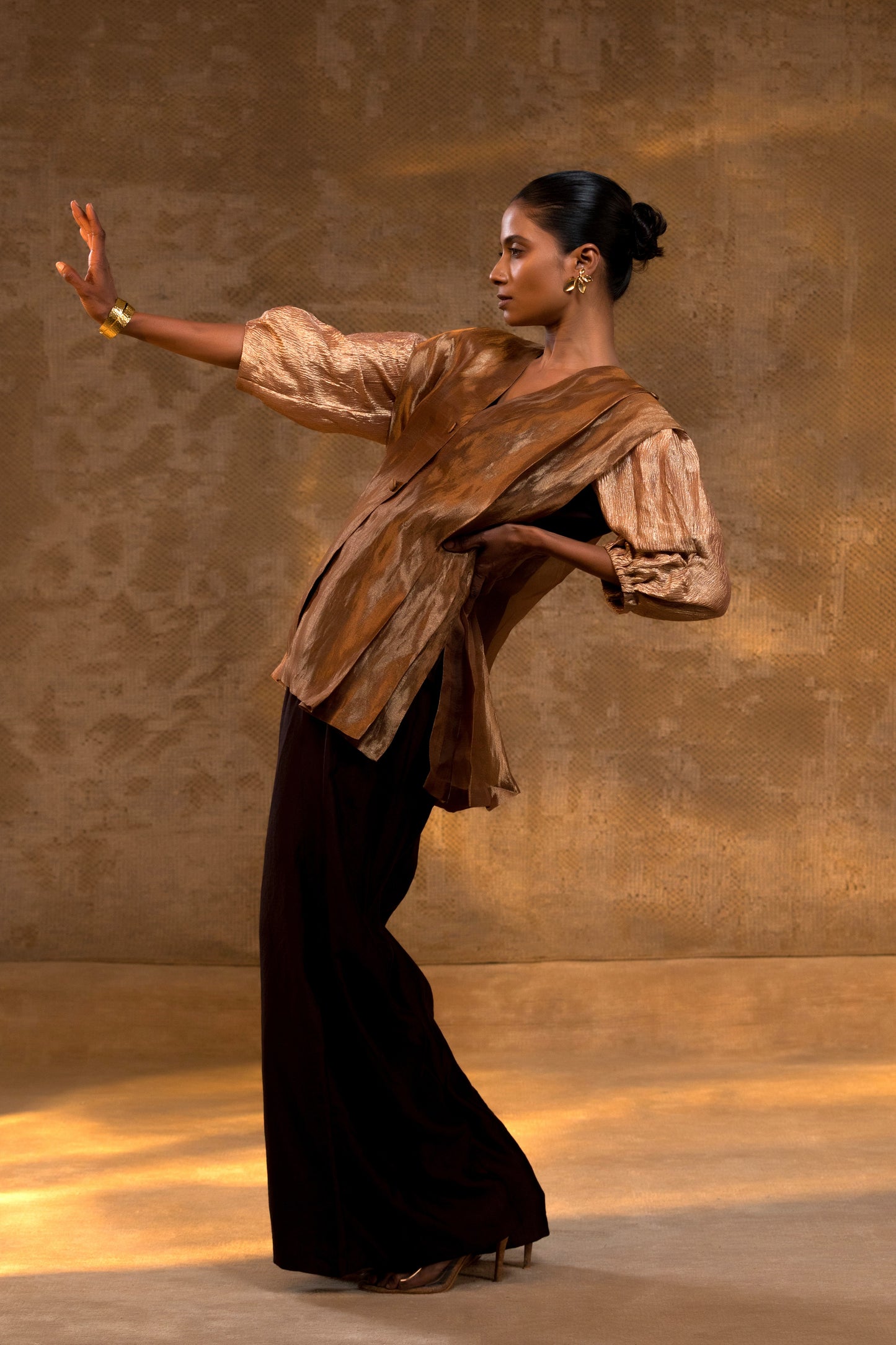 Agneya Layered Silk & Tissue Jacket Set - DarkAmber