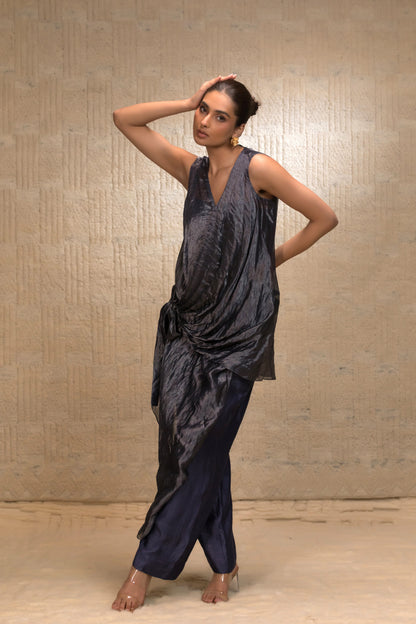 Eeda Tissue Draped Co-ord Set with High-Low Top - Blue