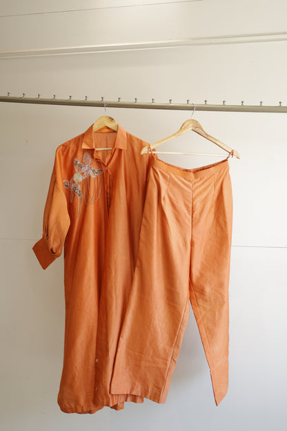 Tinka Silk Chanderi Long Kaftan Kurta Set - Rust
