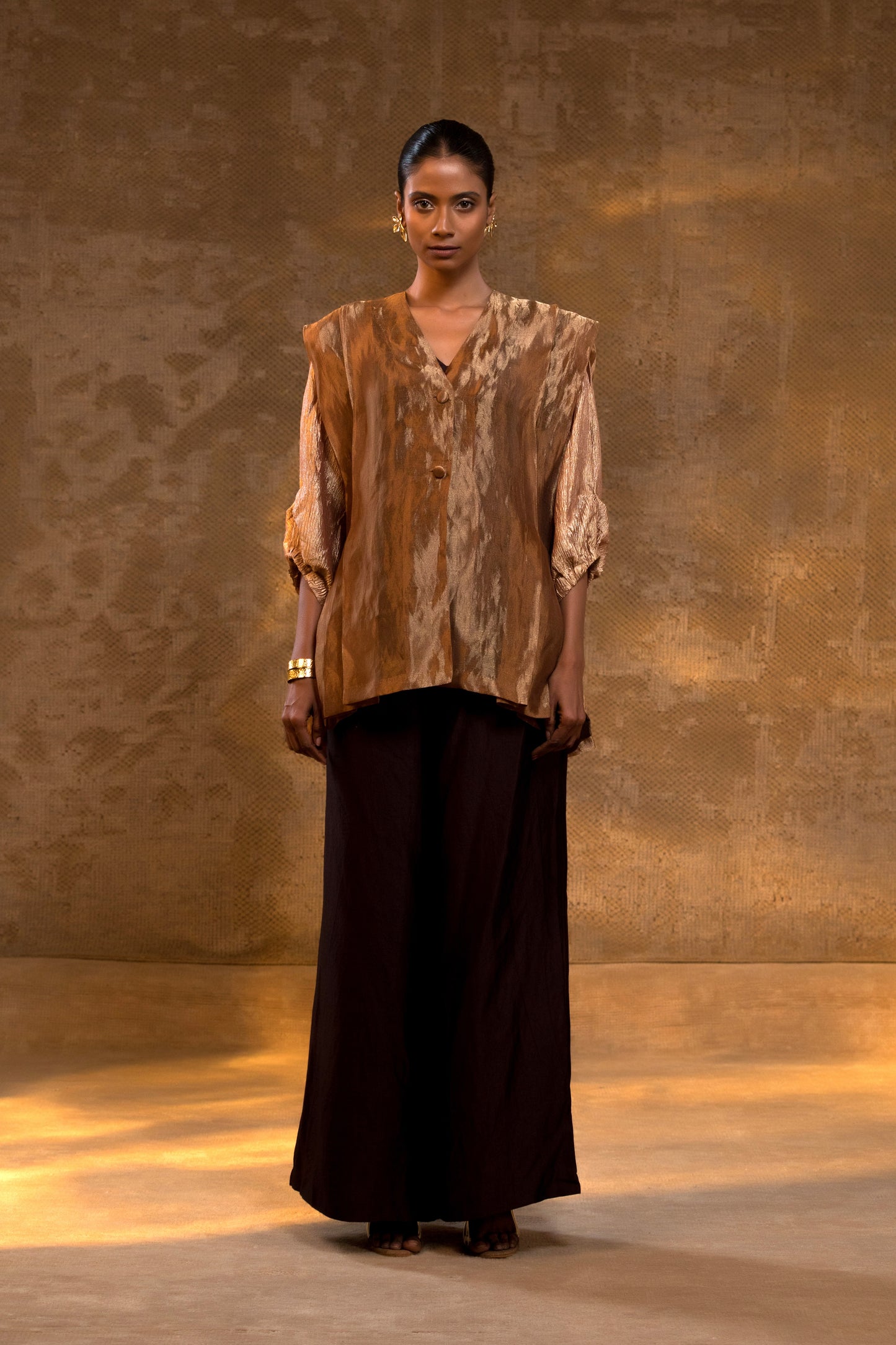 Agneya Layered Silk & Tissue Jacket Set - DarkAmber