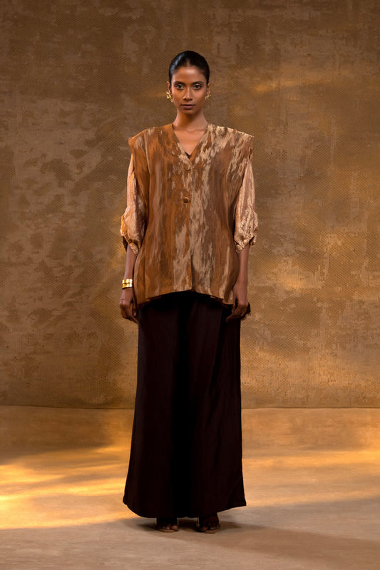 Agneya Layered Silk & Tissue Jacket Set - DarkAmber