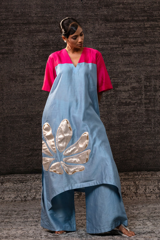 Gulnaar Long KurtaSet - Blue Pink