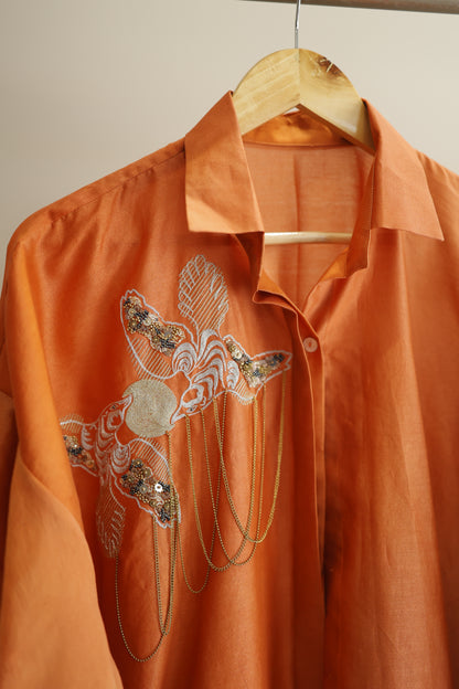 Tinka Silk Chanderi Long Kaftan Kurta Set - Rust