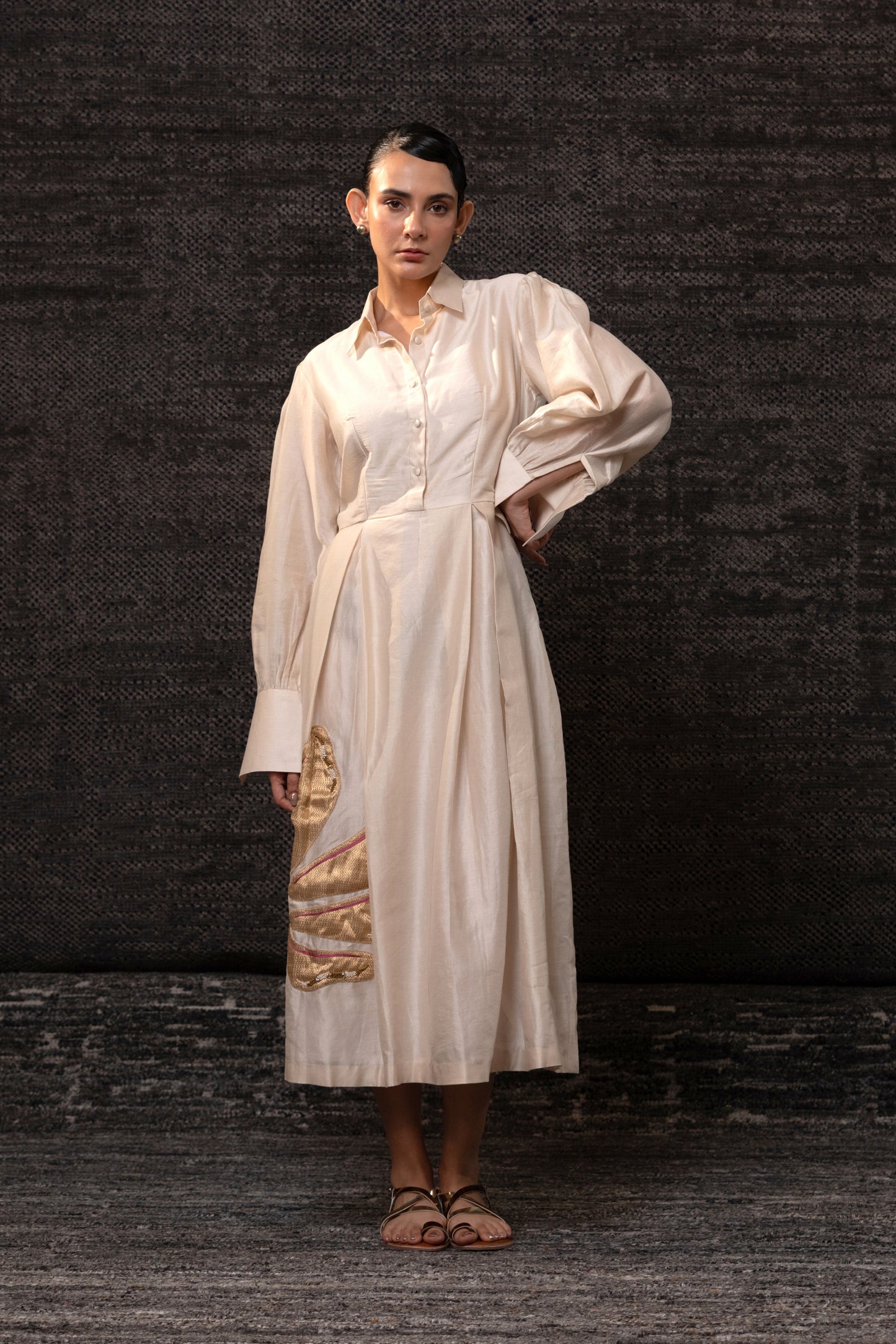 Gulnaar Floral Pleated Dress - Ivory