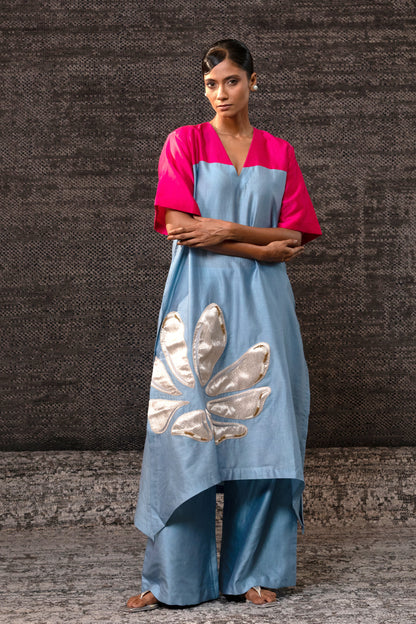 Gulnaar Long KurtaSet - Blue Pink