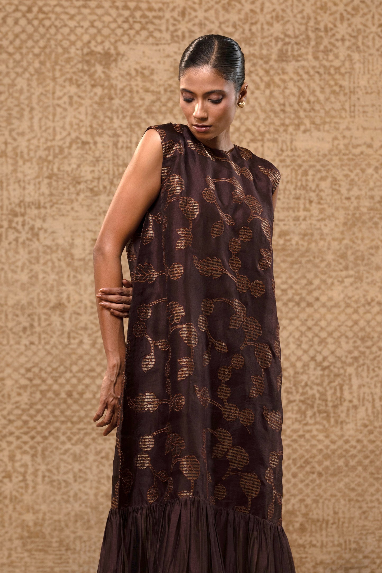 Taral Organza Applique Dress - Brown