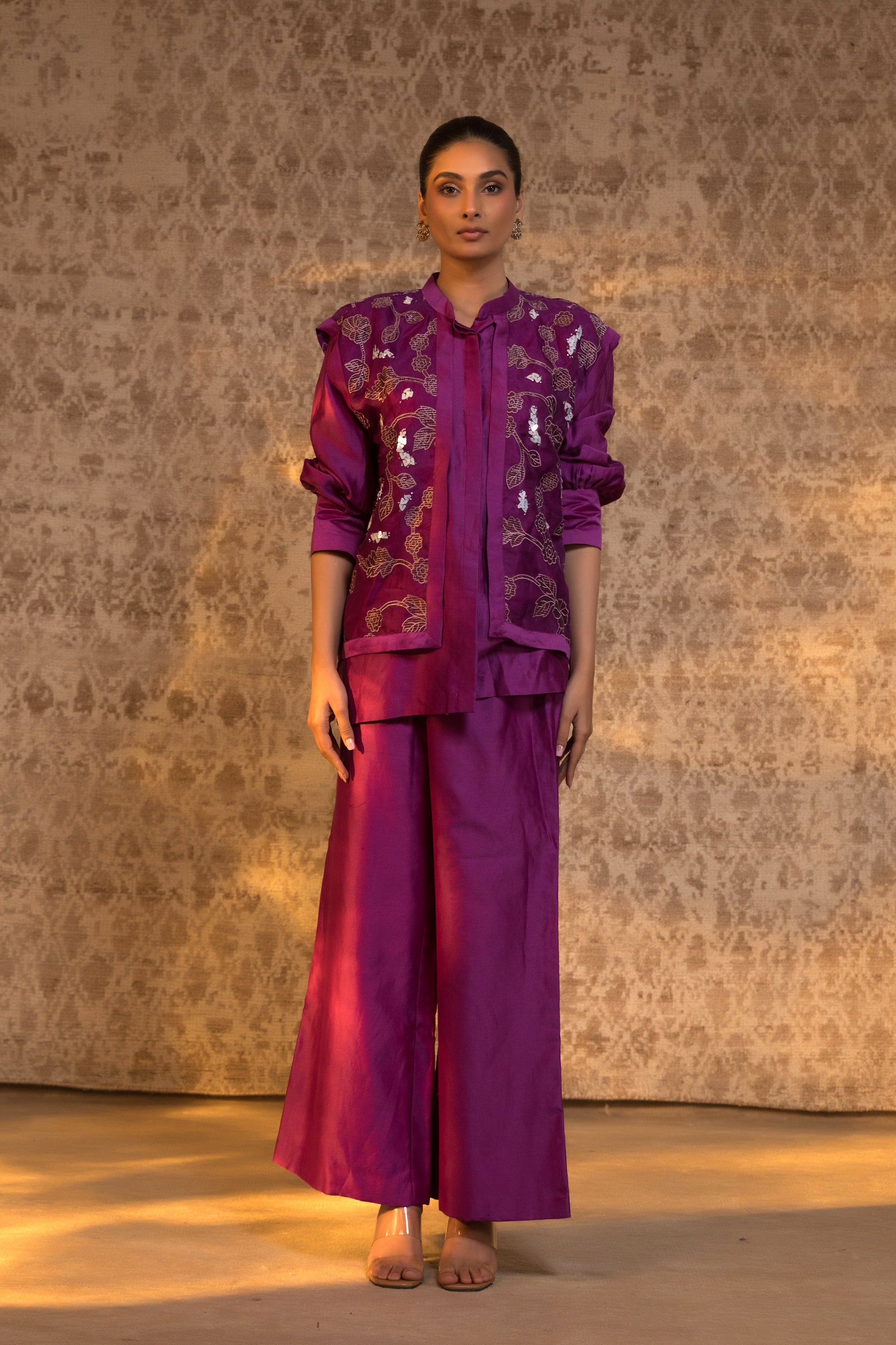 Purple banarasi organza silk jacket coord option, modern Indian designer outfit for wedding events and NRI festive wear