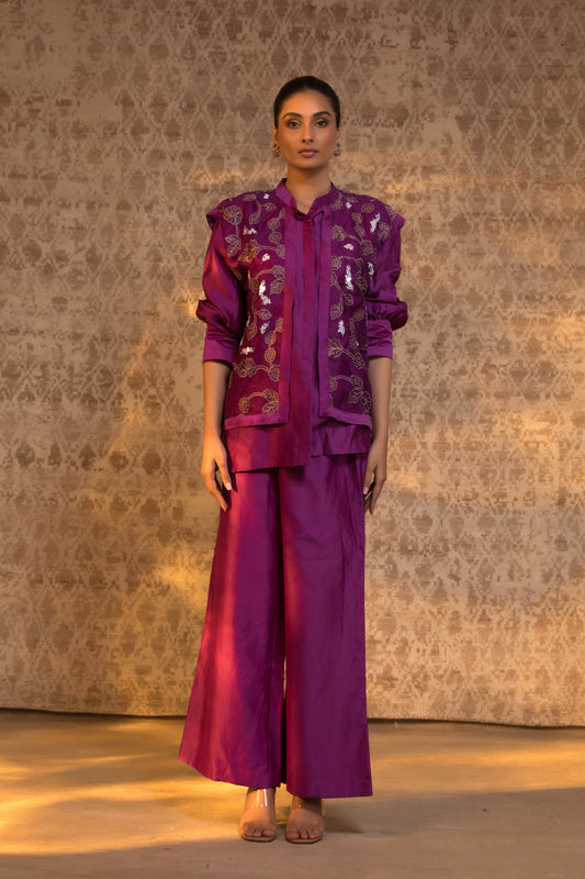 Purple banarasi organza silk jacket coord option, modern Indian designer outfit for wedding events and NRI festive wear