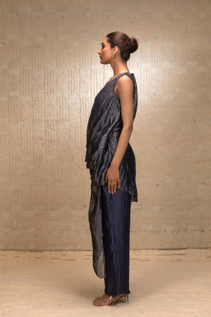 Eeda Tissue Draped Co-ord Set with High-Low Top - Blue