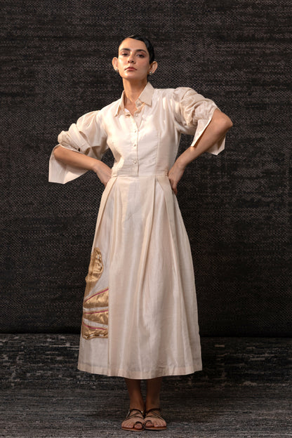 Gulnaar Floral Pleated Dress - Ivory