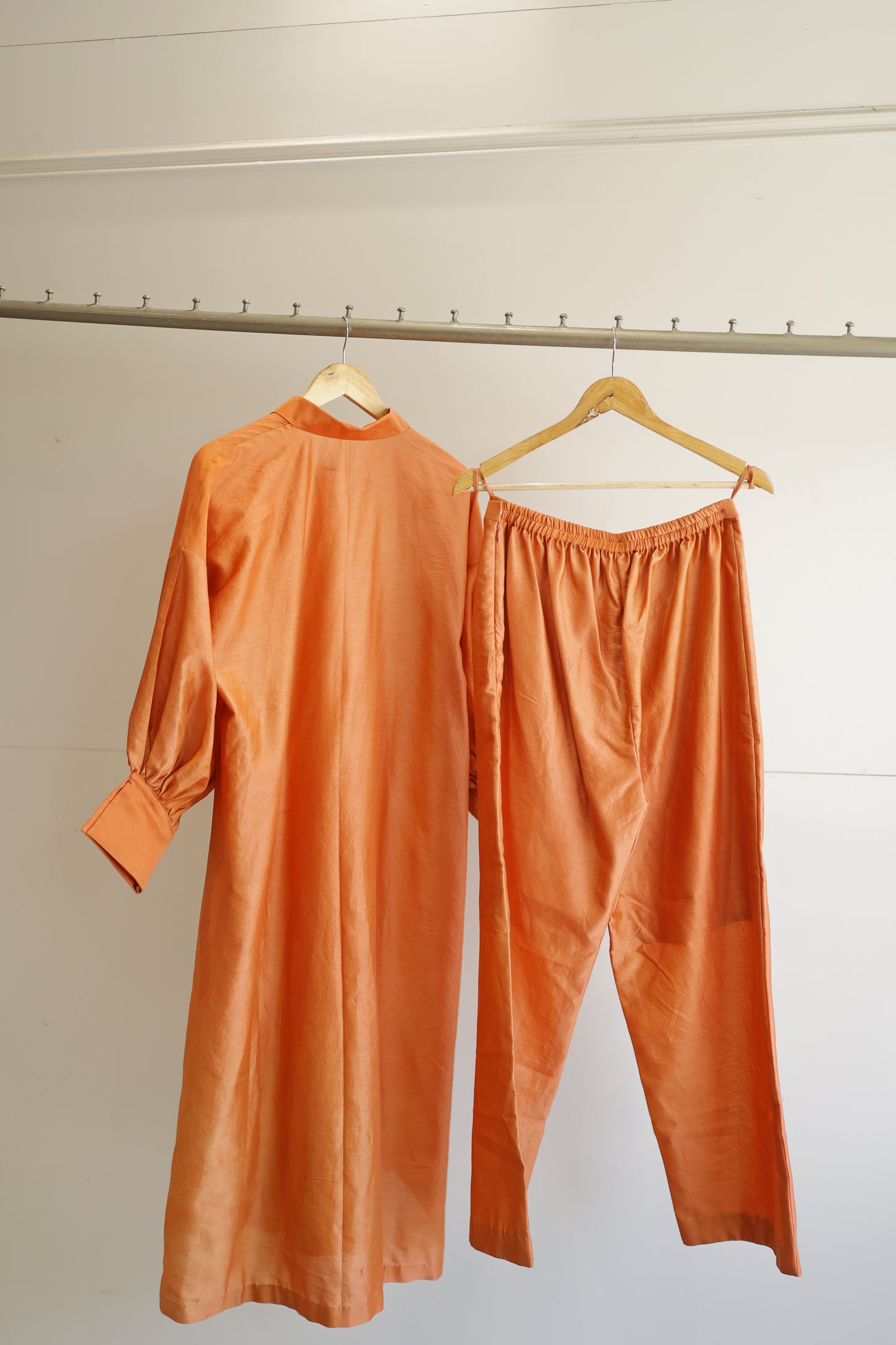 Tinka Silk Chanderi Long Kaftan Kurta Set - Rust