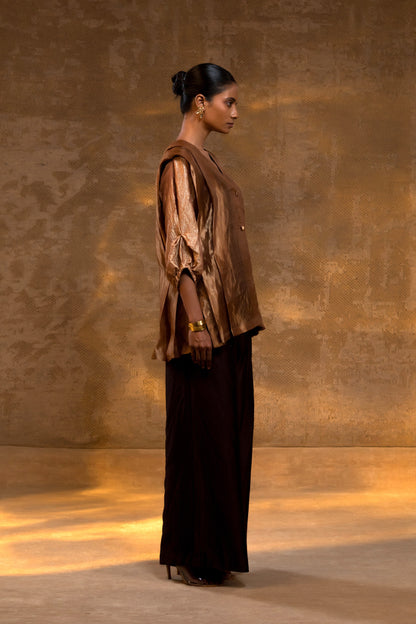 Agneya Layered Silk & Tissue Jacket Set - DarkAmber