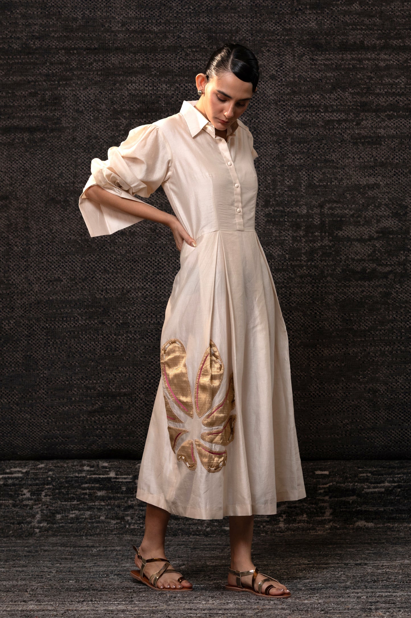 Gulnaar Floral Pleated Dress - Ivory