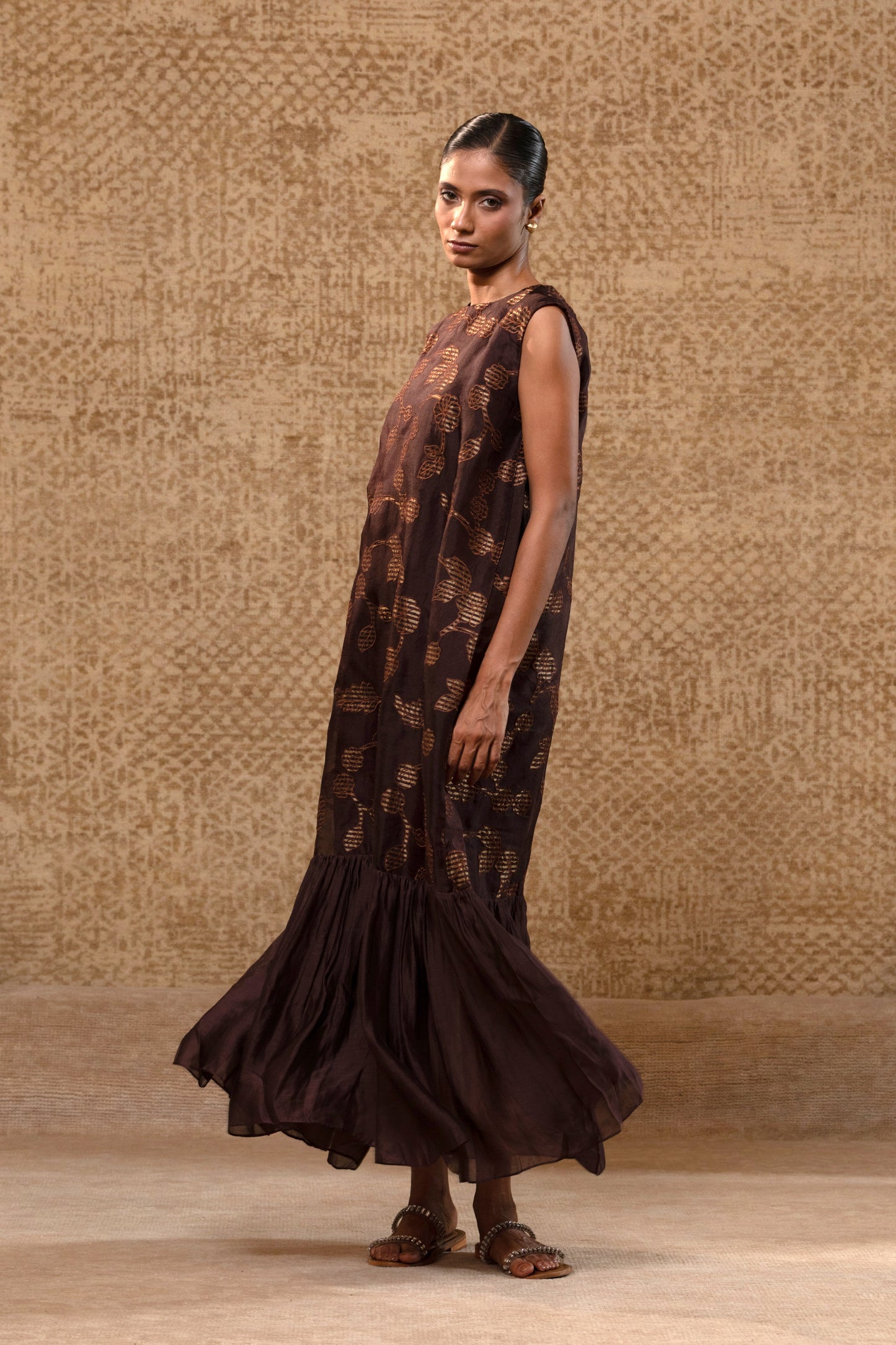 Taral Organza Applique Dress - Brown