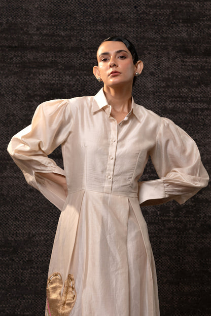 Gulnaar Floral Pleated Dress - Ivory