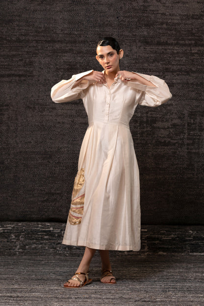 Gulnaar Floral Pleated Dress - Ivory
