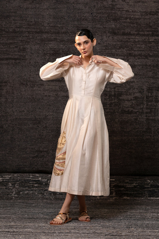 Gulnaar Floral Pleated Dress - Ivory