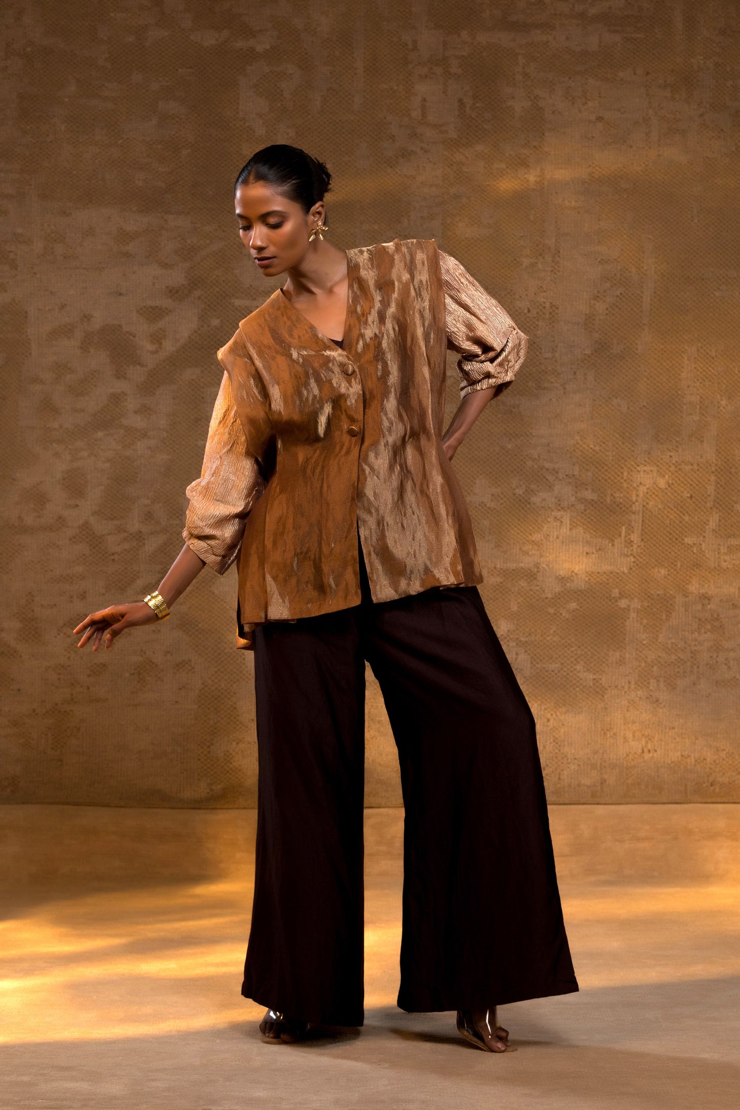 Agneya Layered Silk & Tissue Jacket Set - DarkAmber