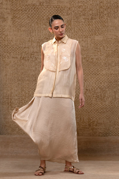 Taral Applique Yolk Shirt Skirt Set - Off-White