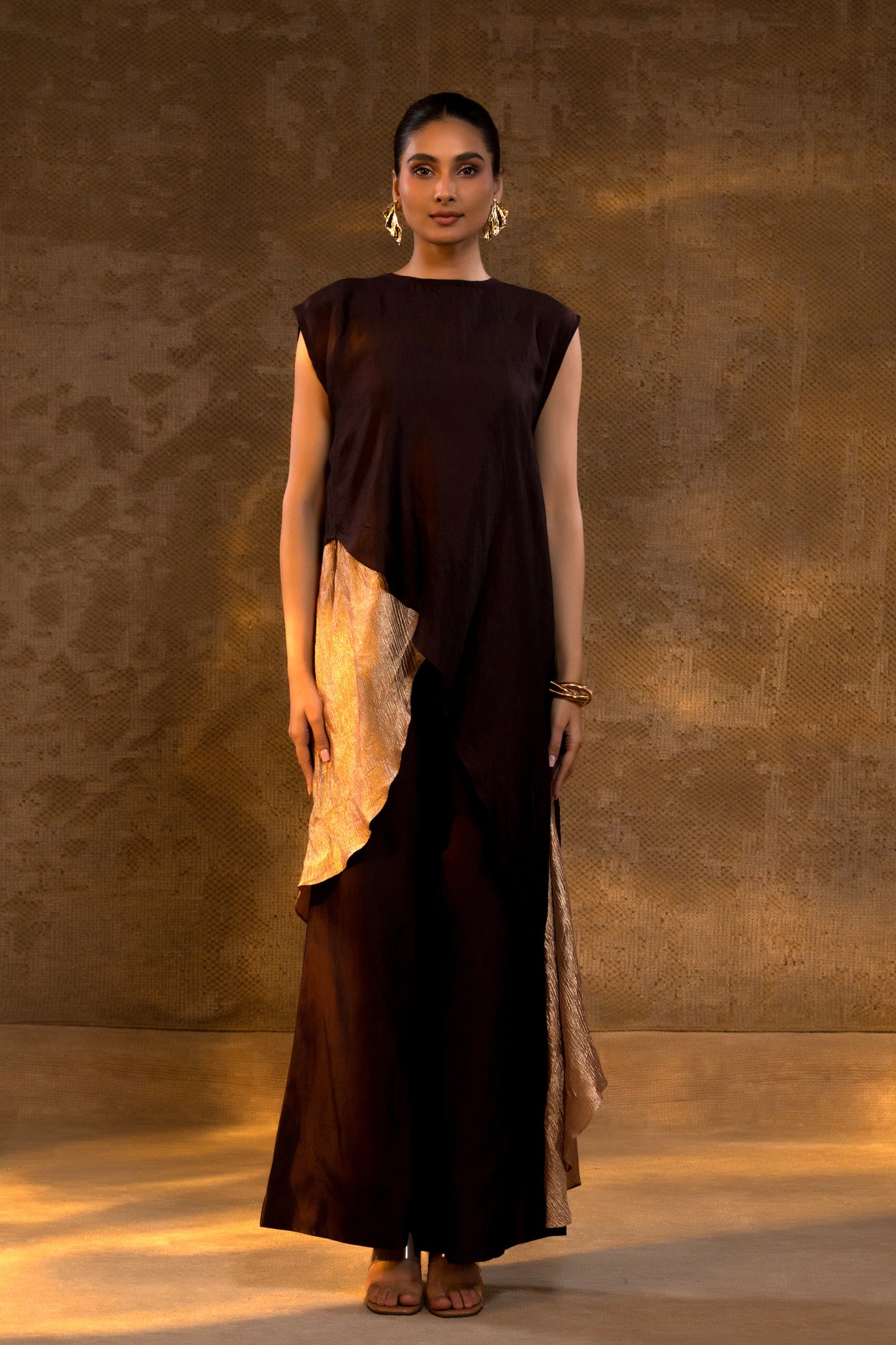 Agneya Tissue & Silk Layered Kurta Set - Brown