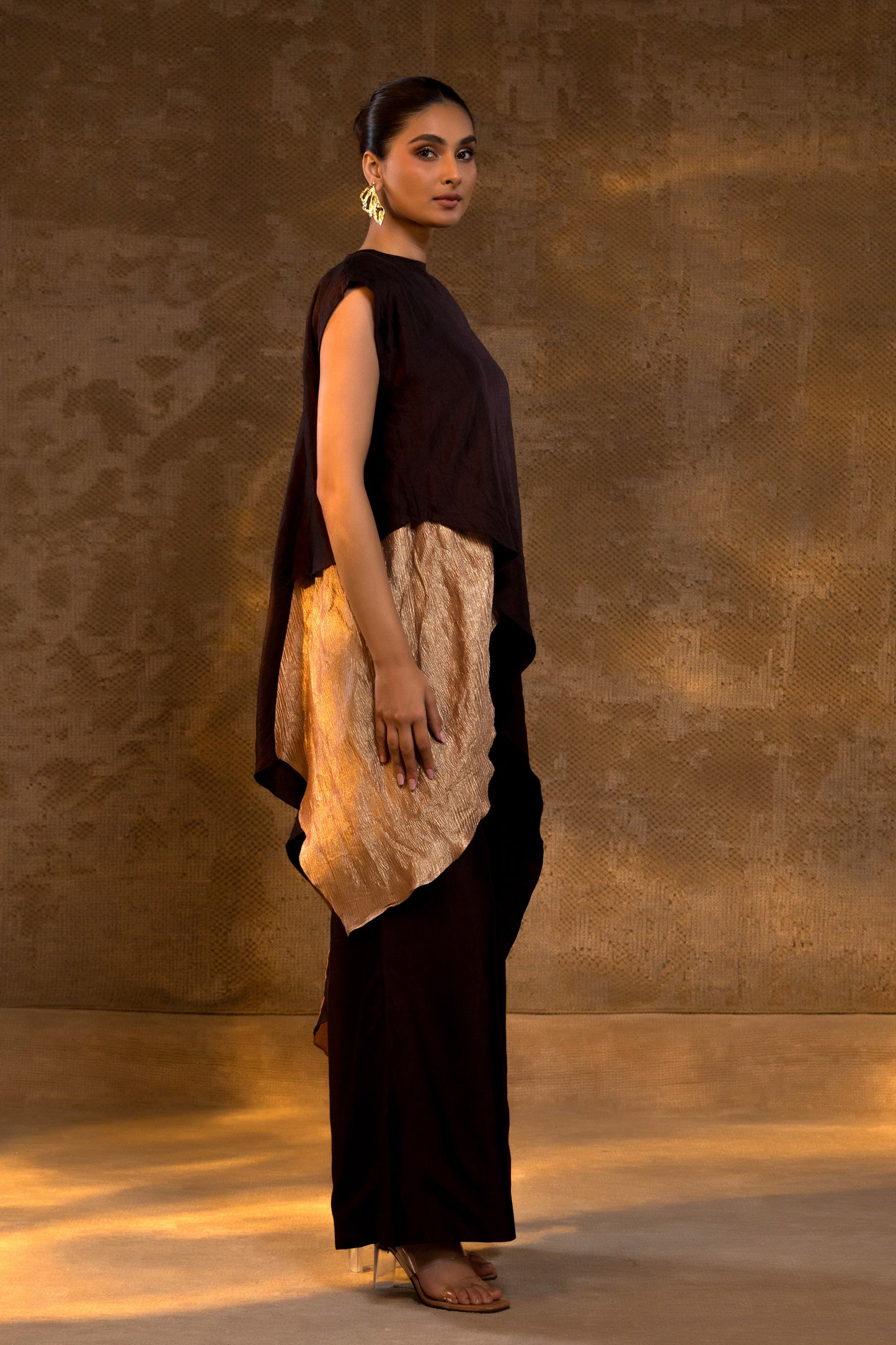 Agneya Tissue & Silk Layered Kurta Set - Brown