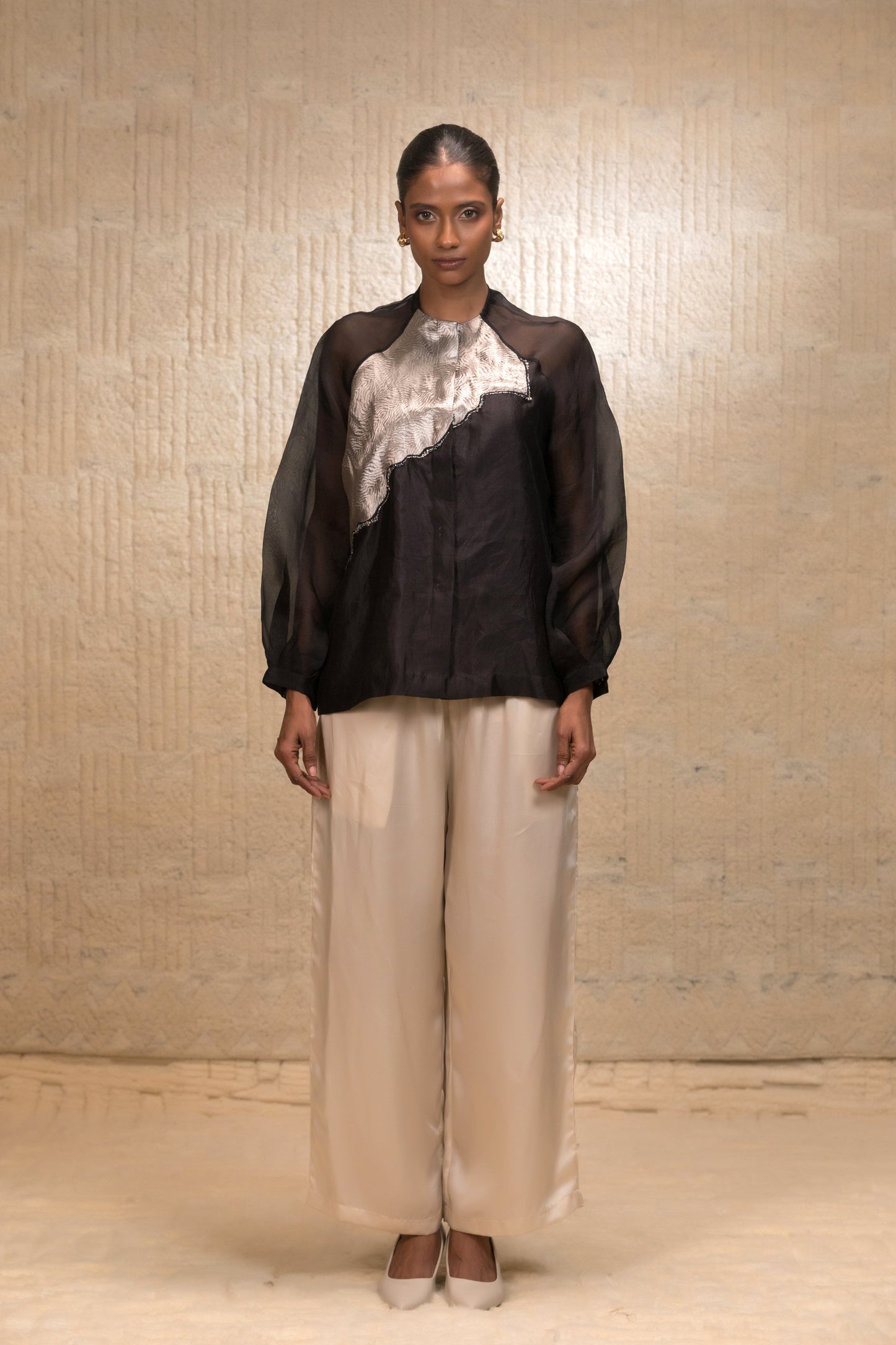 Black silk statement shirt with beaded tissue patch, luxury Indian designer wear for evening and formal occasions