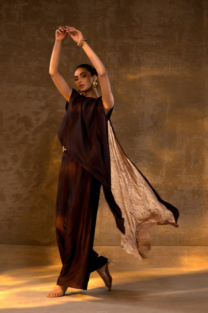 Agneya Tissue & Silk Layered Kurta Set - Brown