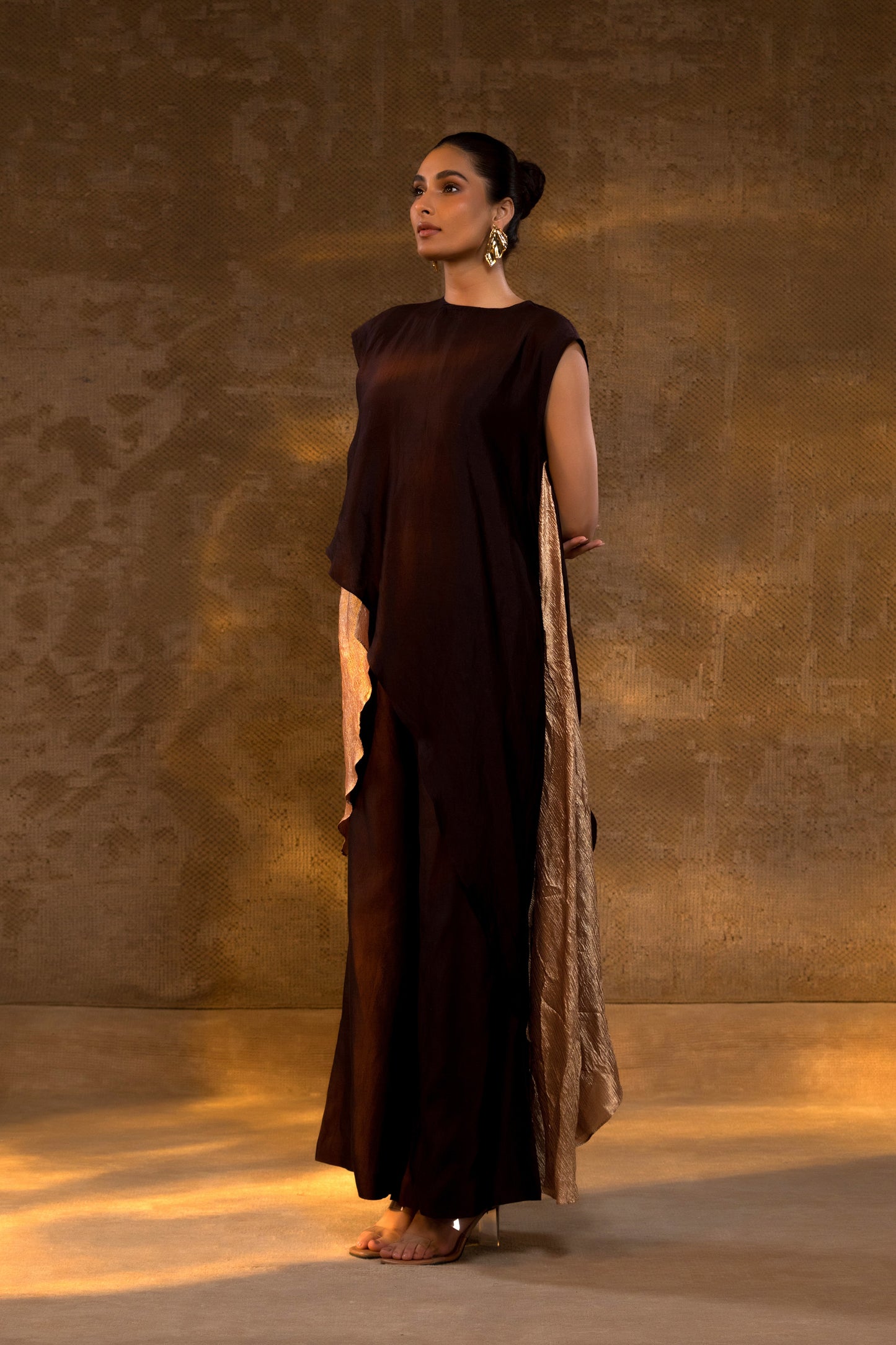 Agneya Tissue & Silk Layered Kurta Set - Brown