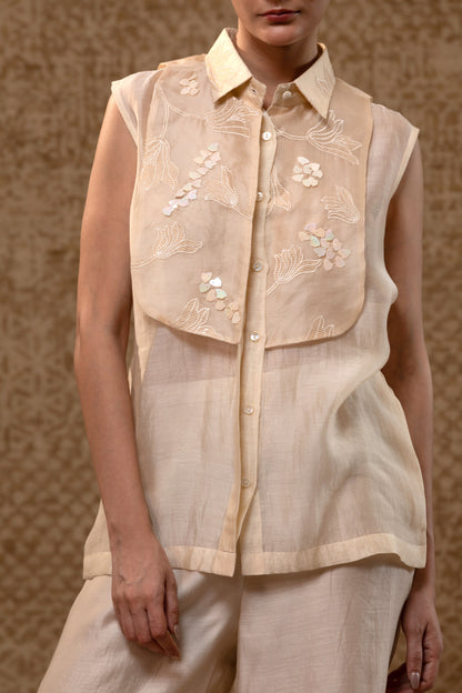 Taral Applique Yolk Shirt Set - Off-White