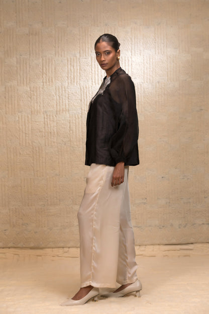 Eeda Silk Organza Shirt with Asymmetrical Patchwork - Black