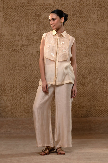 Taral Applique Yolk Shirt Set - Off-White