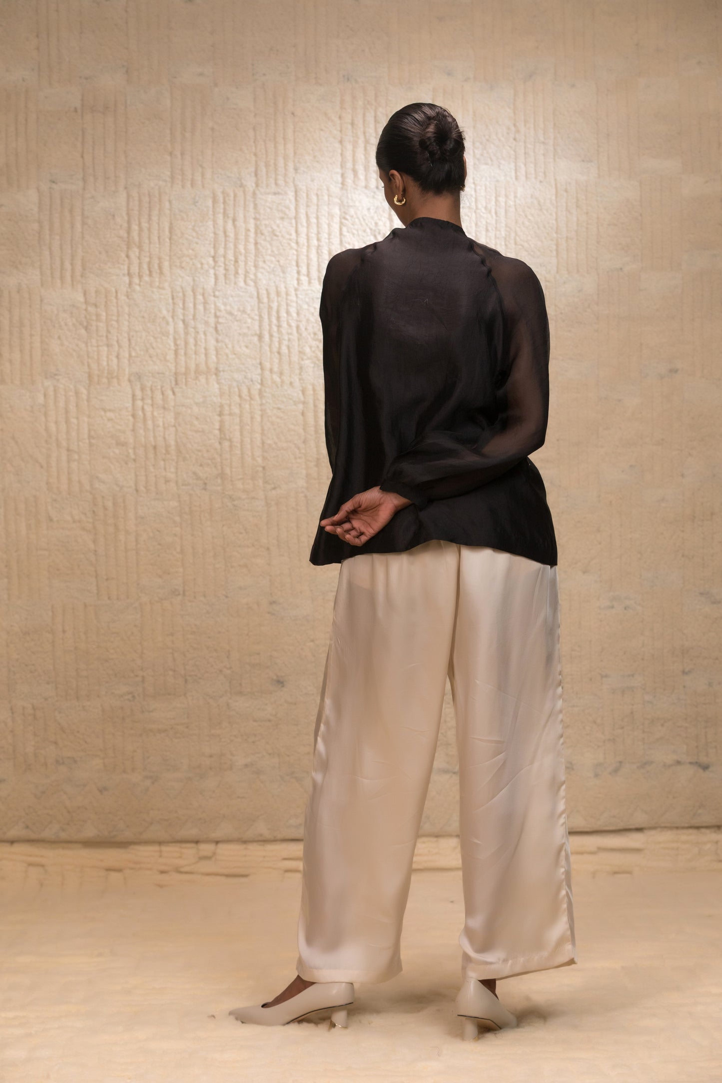 Eeda Silk Organza Shirt with Asymmetrical Patchwork - Black