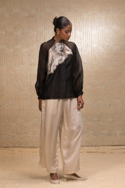 Eeda Silk Organza Shirt with Asymmetrical Patchwork - Black