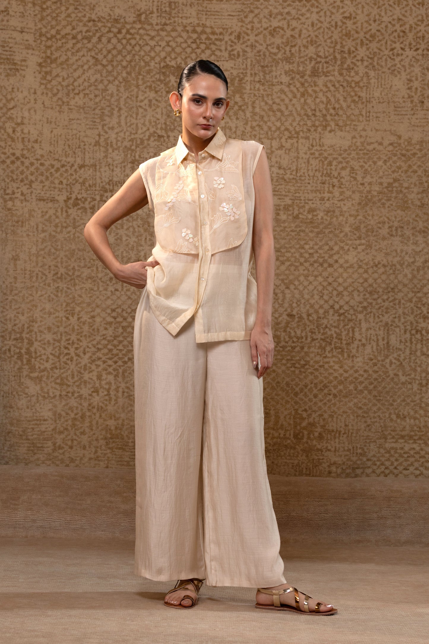 Taral Applique Yolk Shirt Set - Off-White