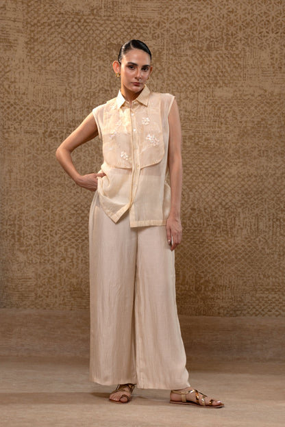 Taral Applique Yolk Shirt Set - Off-White