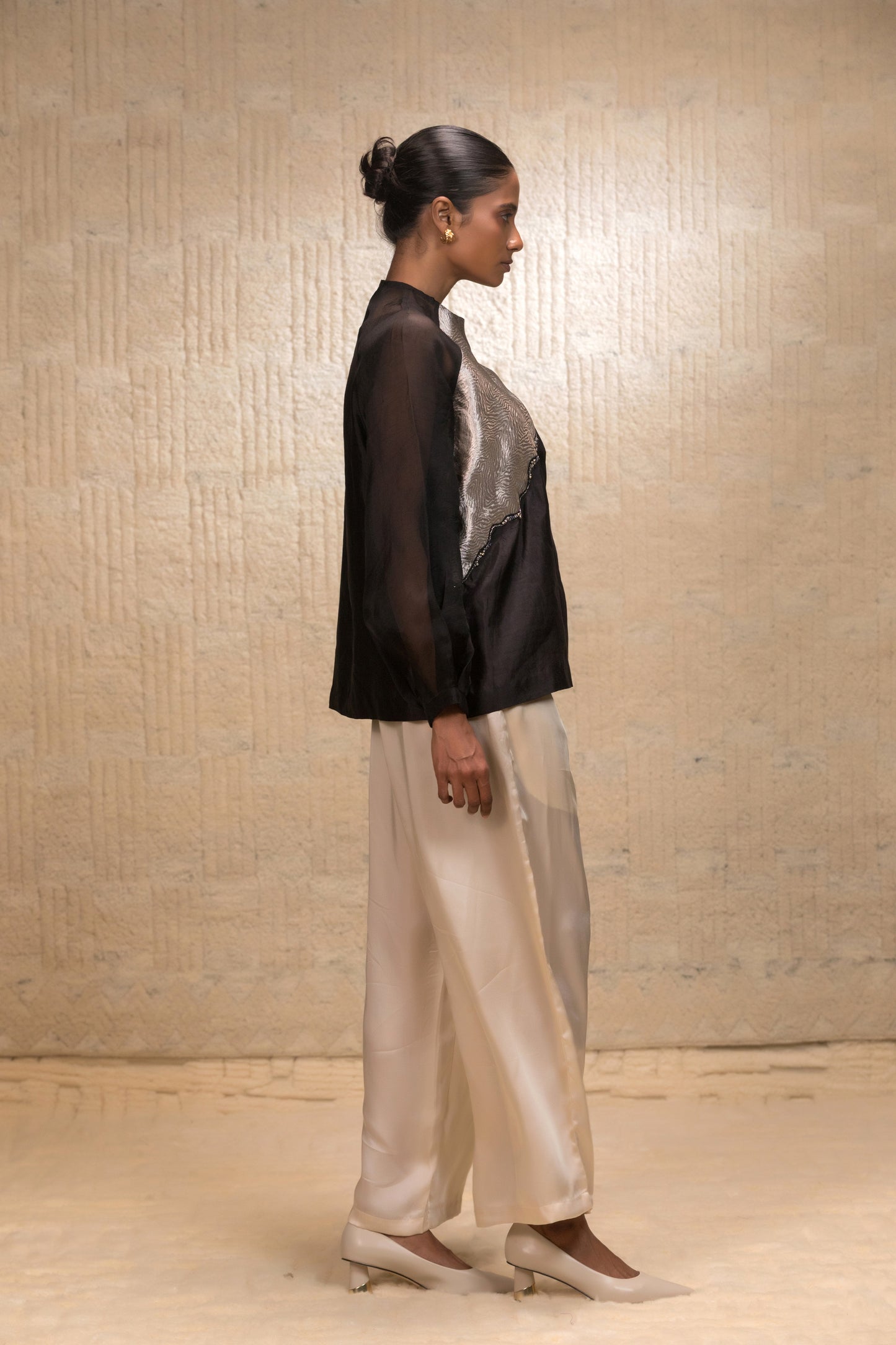 Eeda Silk Organza Shirt with Asymmetrical Patchwork - Black