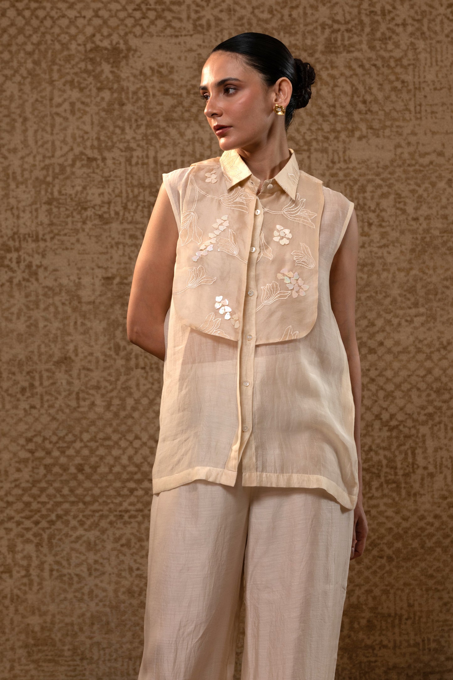 Taral Applique Yolk Shirt Set - Off-White