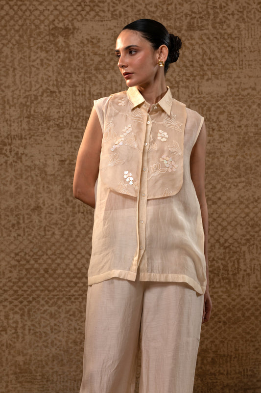 Taral Applique Yolk Shirt Set - Off-White