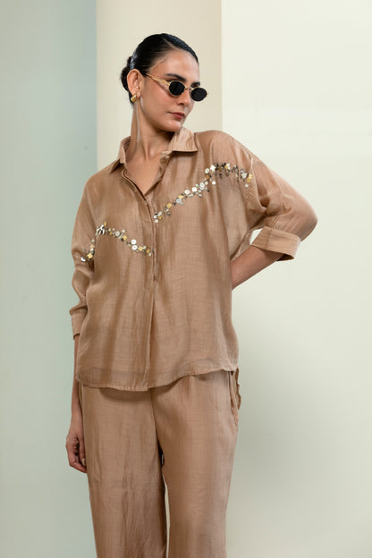 Chanderi Silk Sequins Shirt - Beige