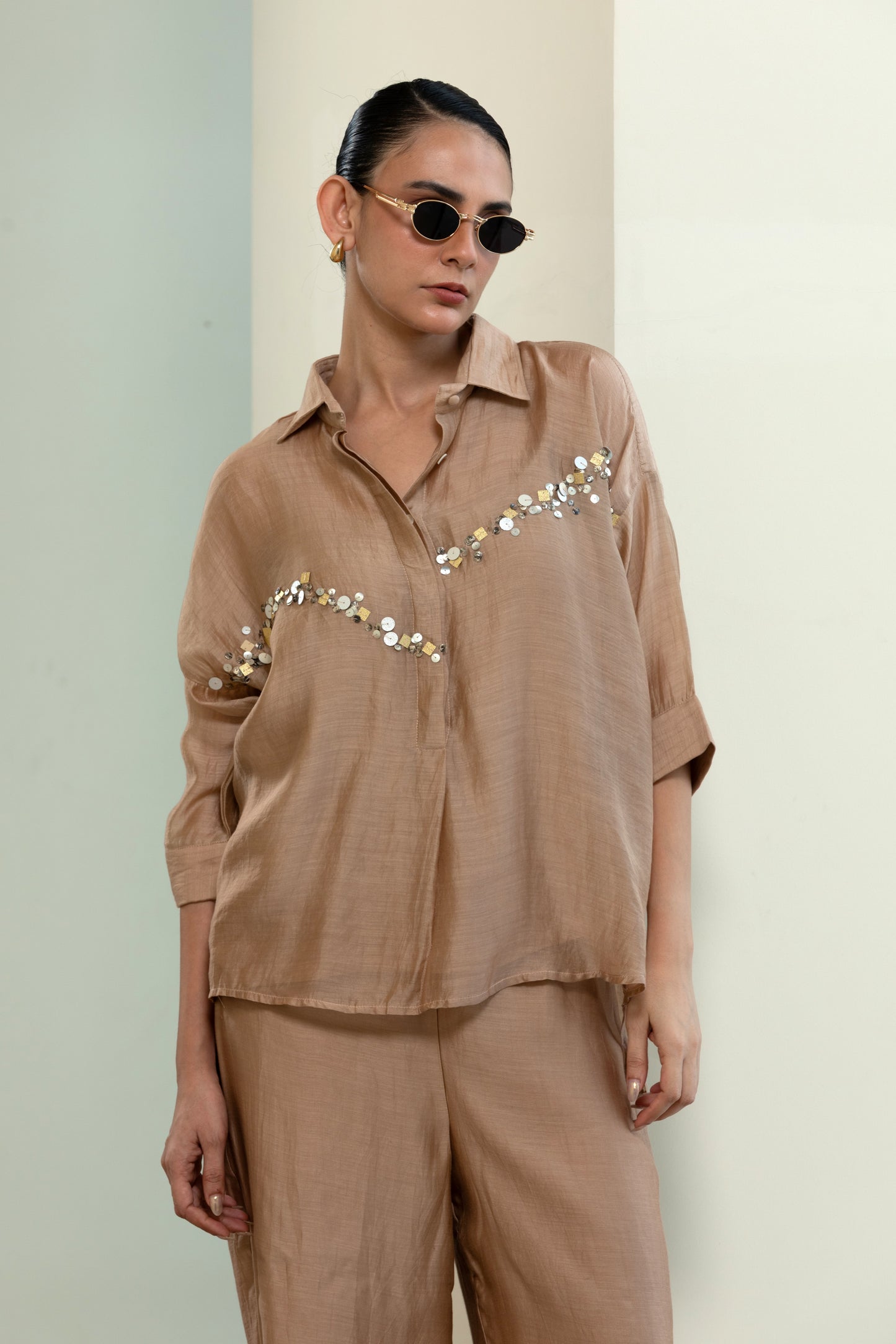 Chanderi Silk Sequins Shirt - Beige