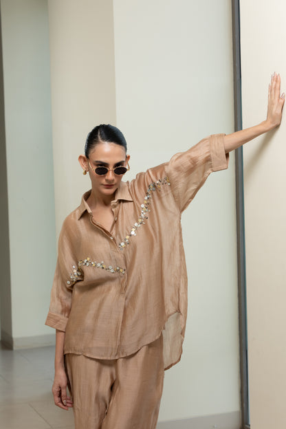 Chanderi Silk Sequins Shirt - Beige
