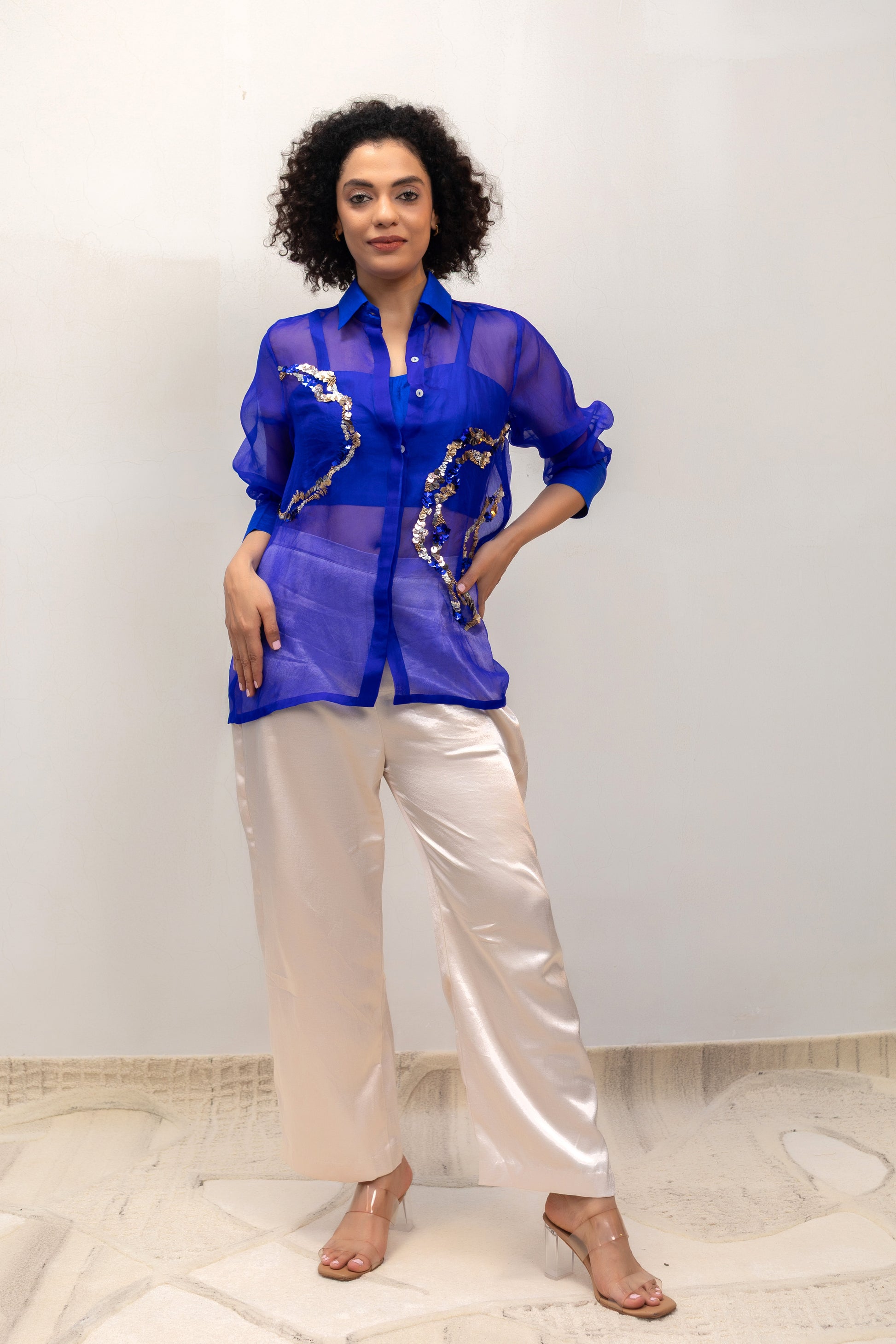 Electric blue organza shirt with asymmetric sequin handwork and a bustier — Eeda