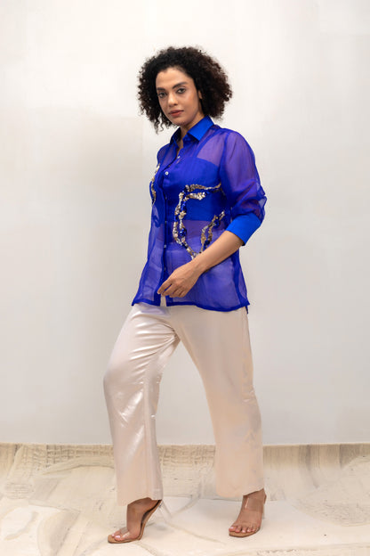 Contemporary blue sequin organza shirt, styled with trousers — Eeda