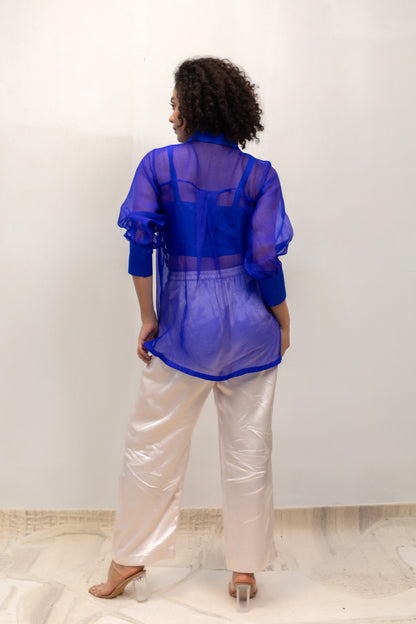 Eeda Silk Organza Sequins Shirt - Blue