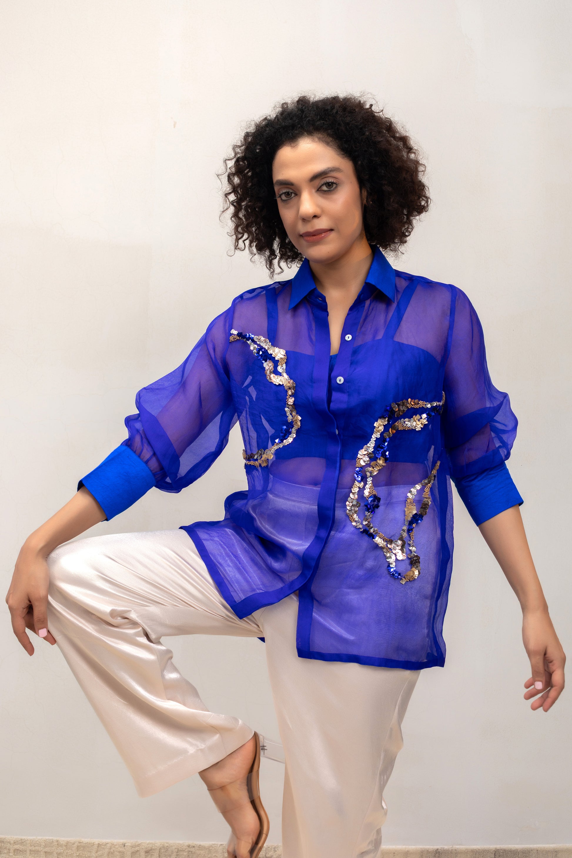 Bold blue organza party-wear shirt with hand-embroidered sequins — Eeda Spotlight