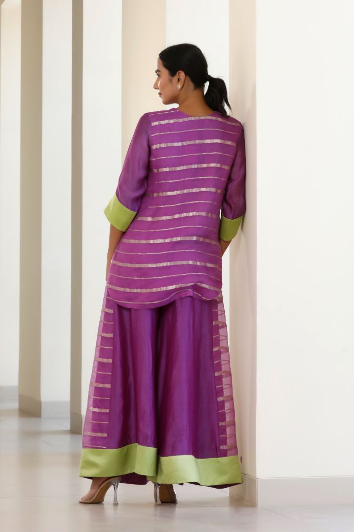 Bandhan Purple Organza Short Kurta With flared Pant Set