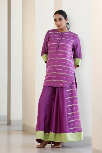 Bandhan Purple Organza Short Kurta With flared Pant Set