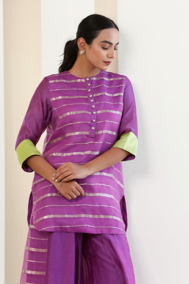 Bandhan Purple Organza Short Kurta With flared Pant Set