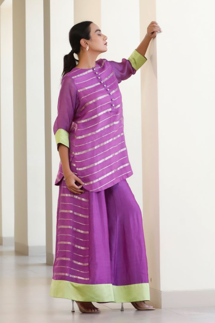 Bandhan Purple Organza Short Kurta With flared Pant Set