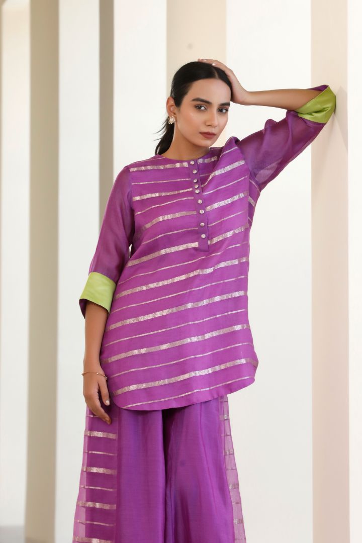 Bandhan Purple Organza Short Kurta With flared Pant Set